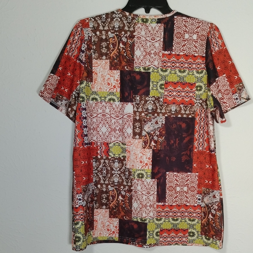 Patchwork V-Neck Top - Orange, Yellow And Brown S… - image 5